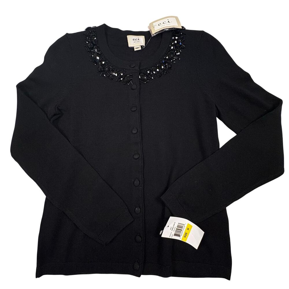 Eci New York Beaded Cardigan Sweater Women's M Black NWT